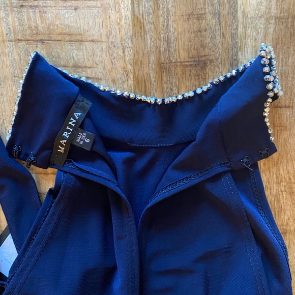 MARINA DRESSES navy blue jumpsuit embellished rhinestones halter belt - Picture 7 of 10